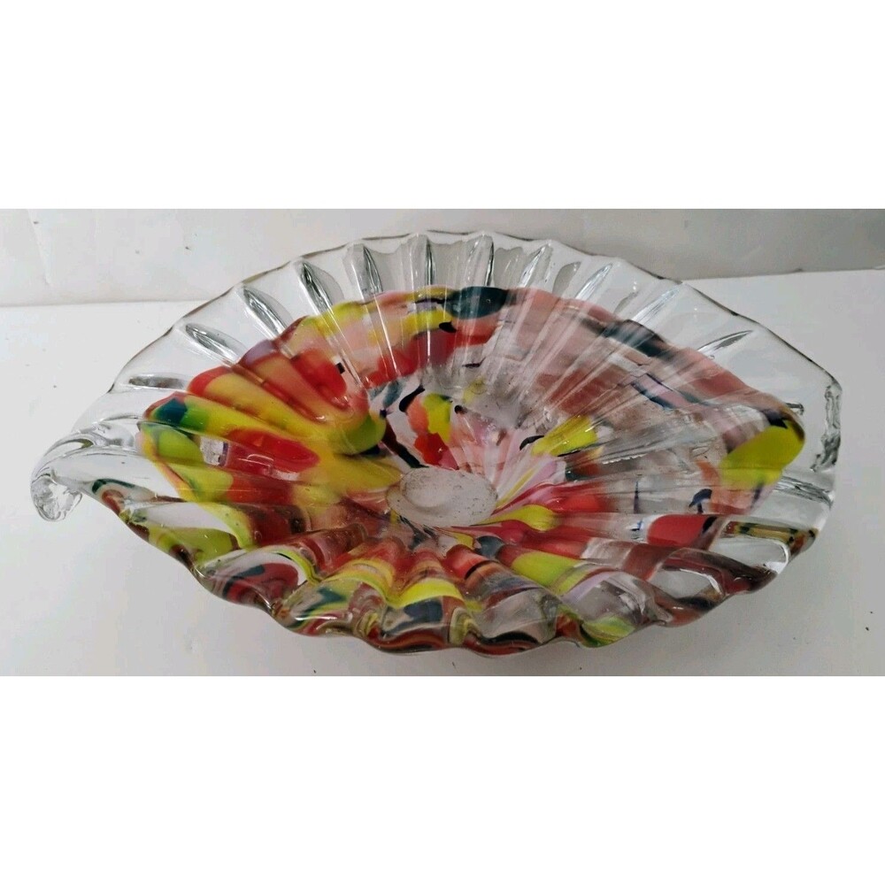 Vintage Murano Tutti Frutti Glass 8.25" Handblown Confetti Leaf Bowl Italy MCM